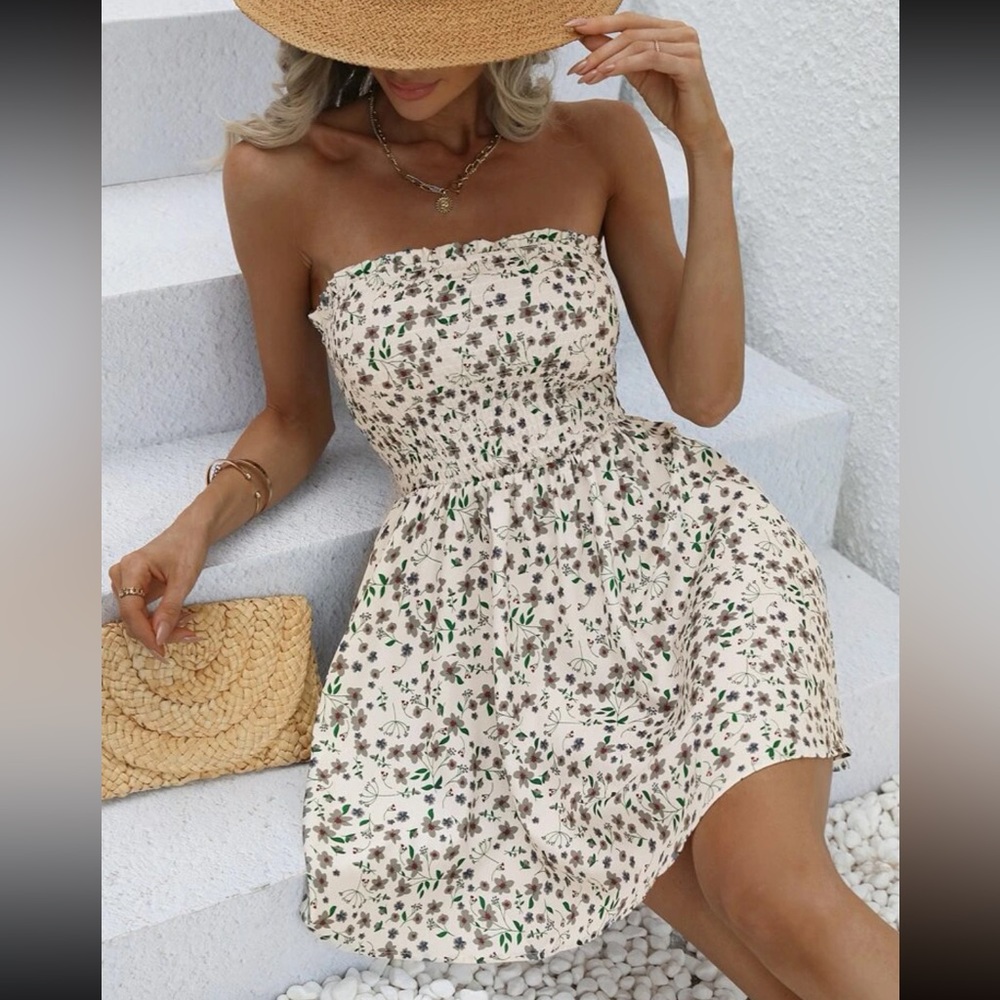 Boho floral print shirred tube dress